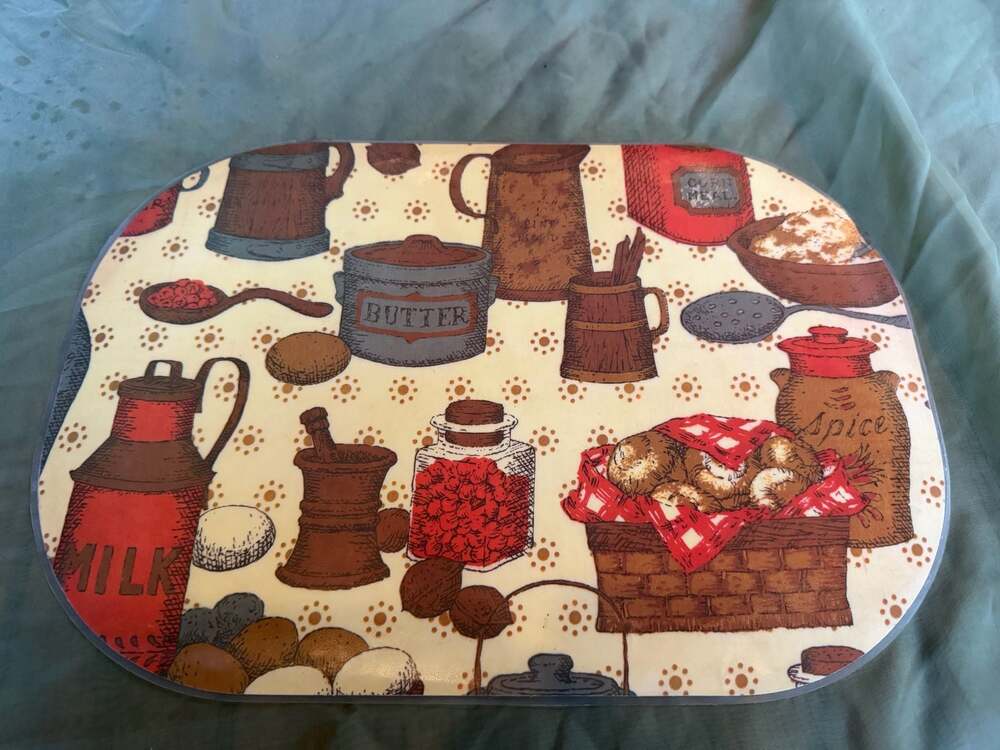 Vtg Country Kitchen Theme Plastic Serving Tray w/Retro Cookware & Food Print